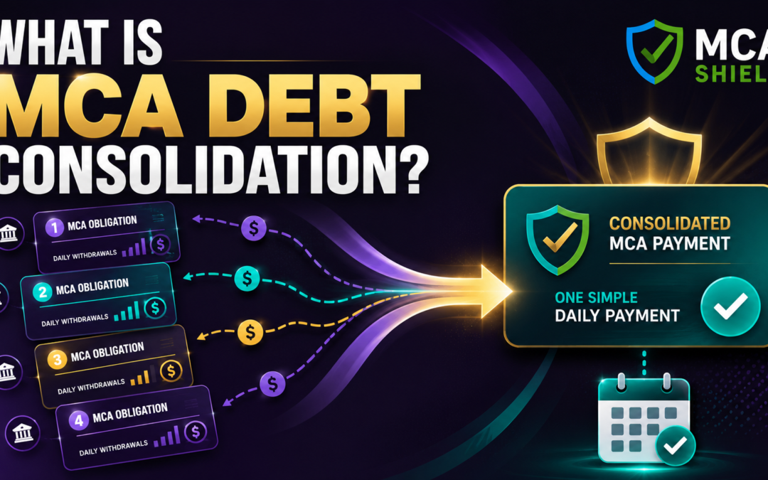 MCA debt consolidation graphic showing multiple merchant cash advance payments combined into one organized payment structure