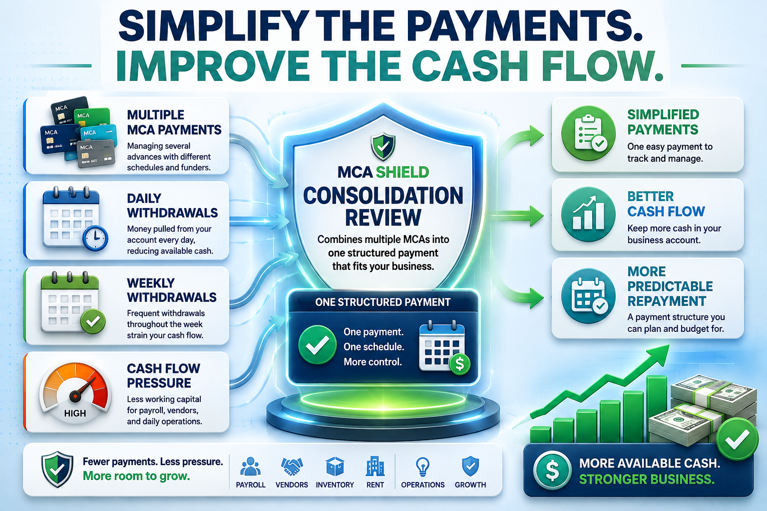 MCA debt consolidation graphic showing multiple payments and withdrawals combined into one structured payment to improve business cash flow