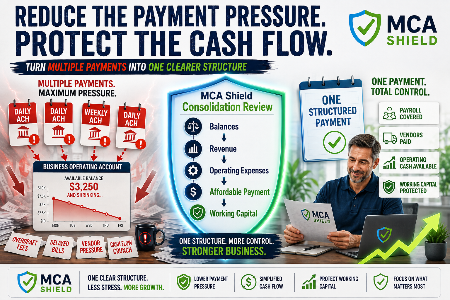 MCA debt consolidation graphic showing multiple ACH payments combined into one structured payment to reduce payment pressure and protect business cash flow