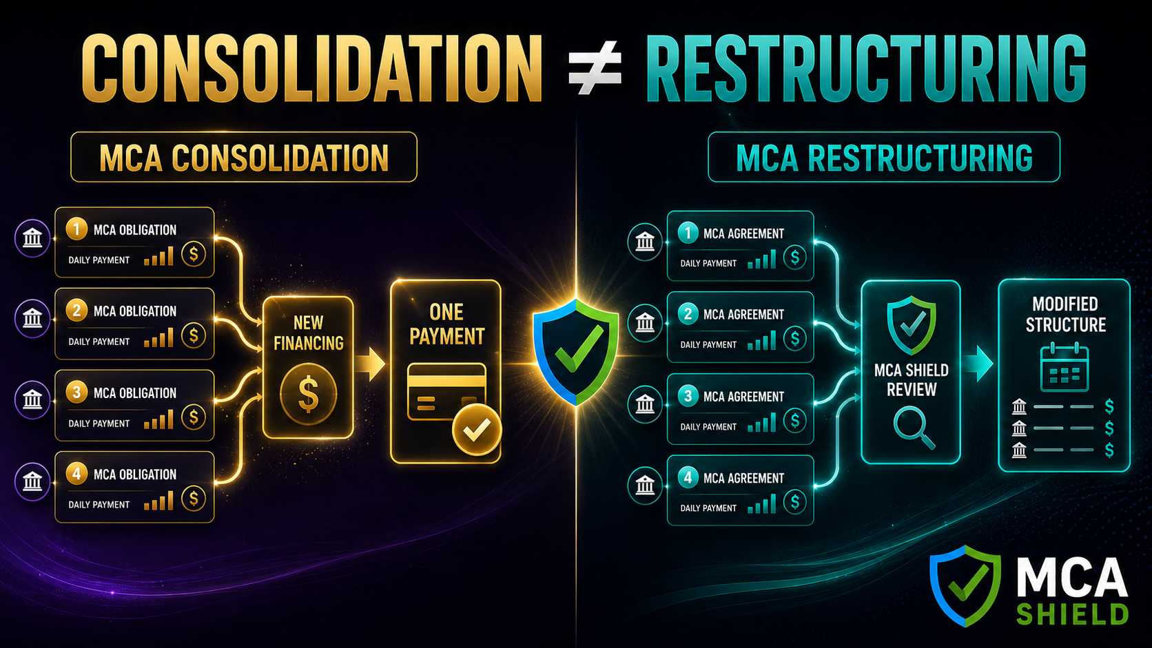 MCA debt consolidation versus MCA restructuring comparison showing new financing and modified payment structures