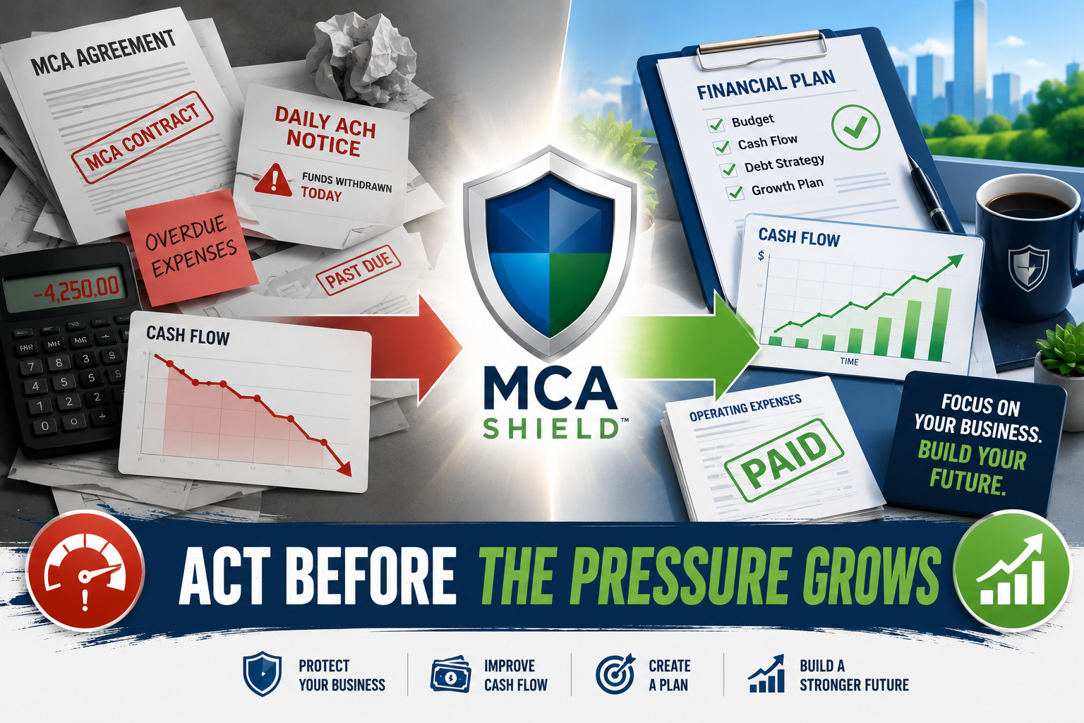 MCA debt relief transformation from daily ACH withdrawals and overdue expenses to organized finances, healthier cash flow, and business growth
