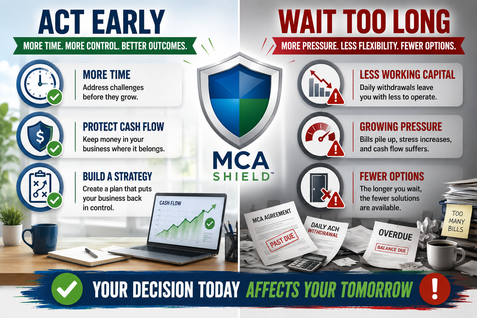 Acting early for MCA debt relief compared with waiting too long, showing protected cash flow, more time, and greater financial options
