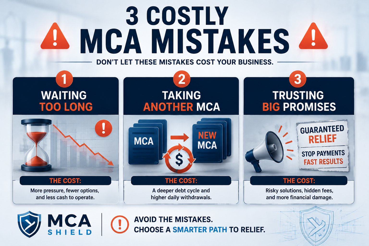 MCA debt relief mistakes to avoid including waiting too long, taking another MCA, and trusting unrealistic promises