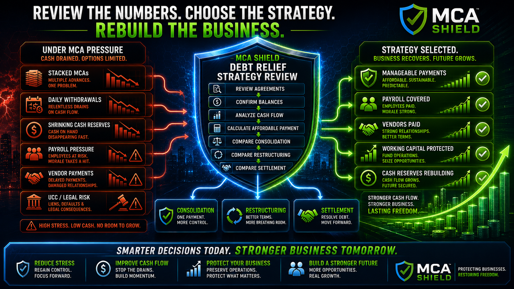 MCA debt relief strategy graphic comparing consolidation restructuring and settlement to reduce payment pressure protect working capital and rebuild business cash flow