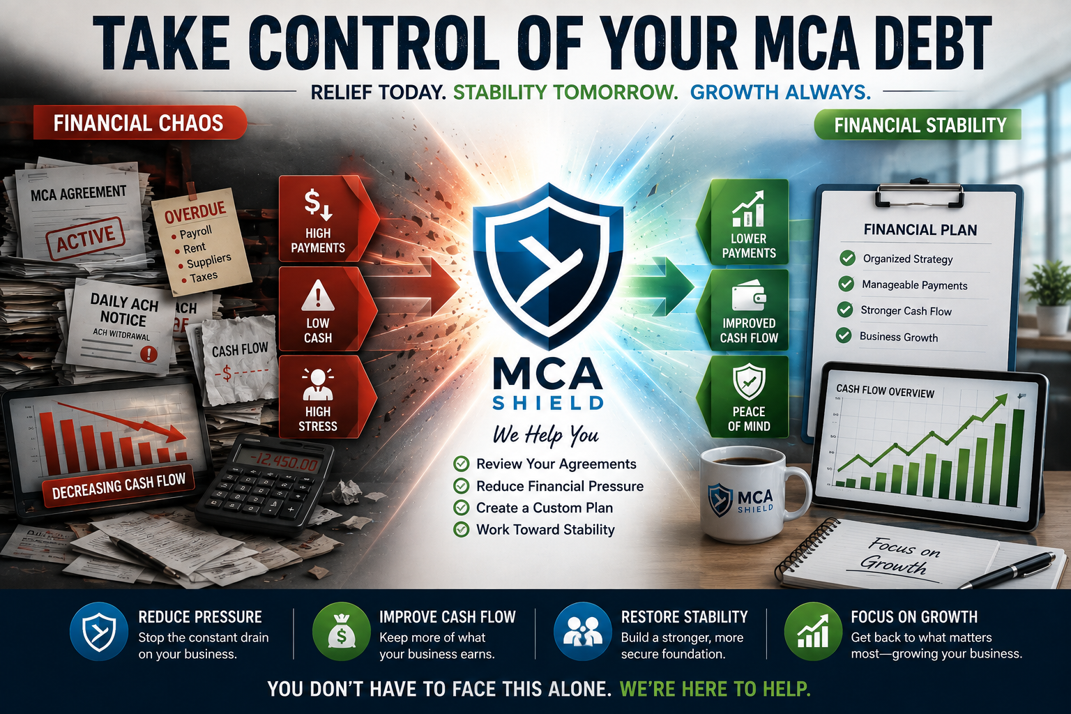 MCA debt relief transformation from financial pressure and daily ACH withdrawals to improved cash flow, organized finances, and business stability