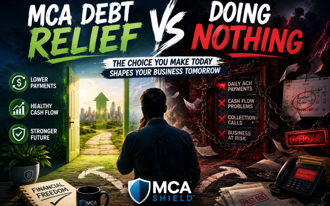 Business owner choosing between MCA debt relief and doing nothing, illustrating the impact of early action on cash flow, daily ACH payments, and long-term financial stability.