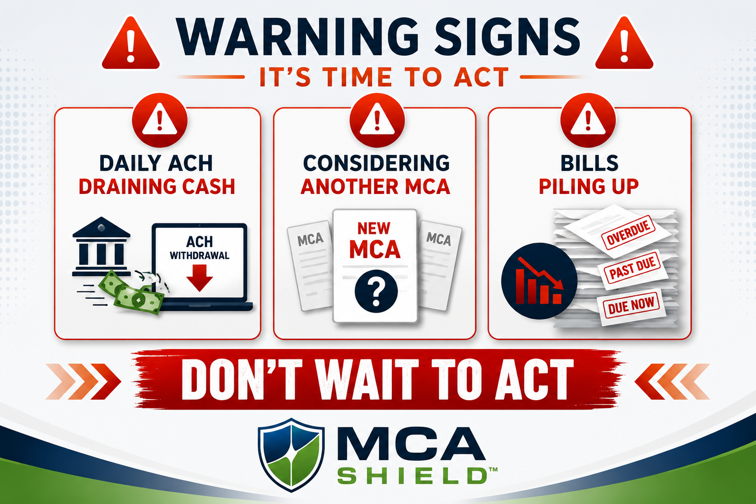 Infographic highlighting warning signs that it may be time to explore MCA debt relief, including daily ACH payments draining cash flow, considering another merchant cash advance, and overdue business bills.