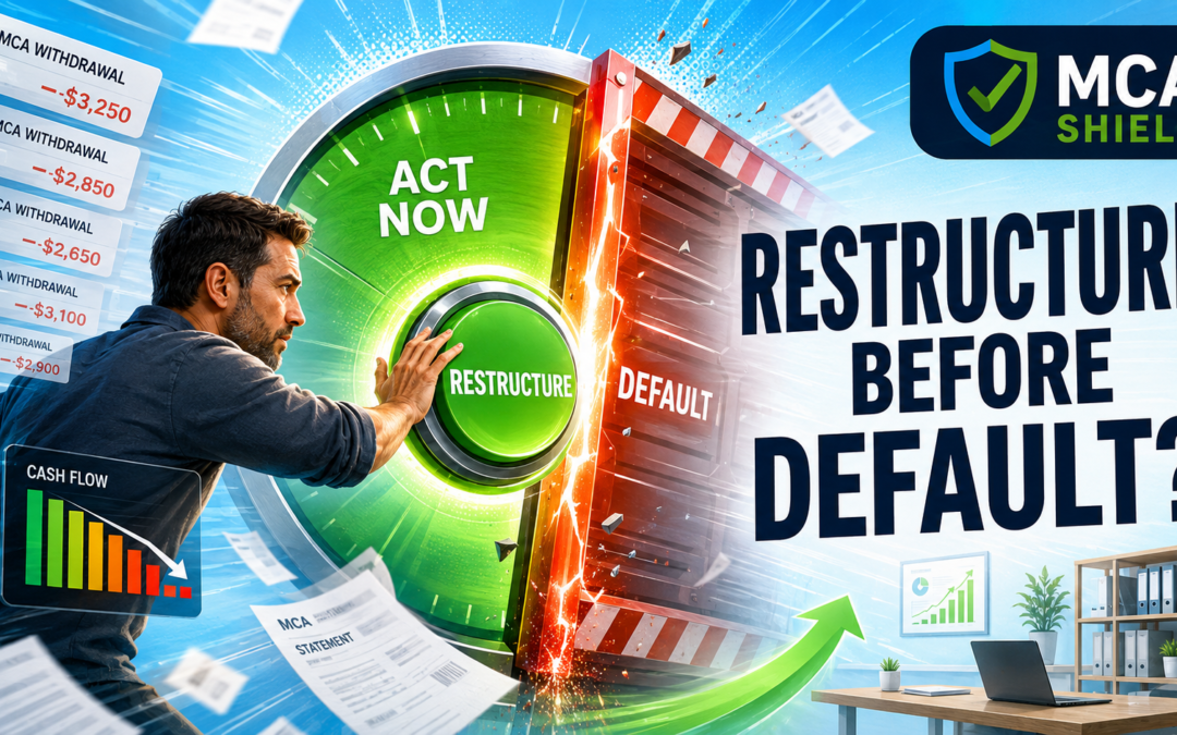 Business owner choosing MCA debt restructuring before default as MCA withdrawals reduce cash flow