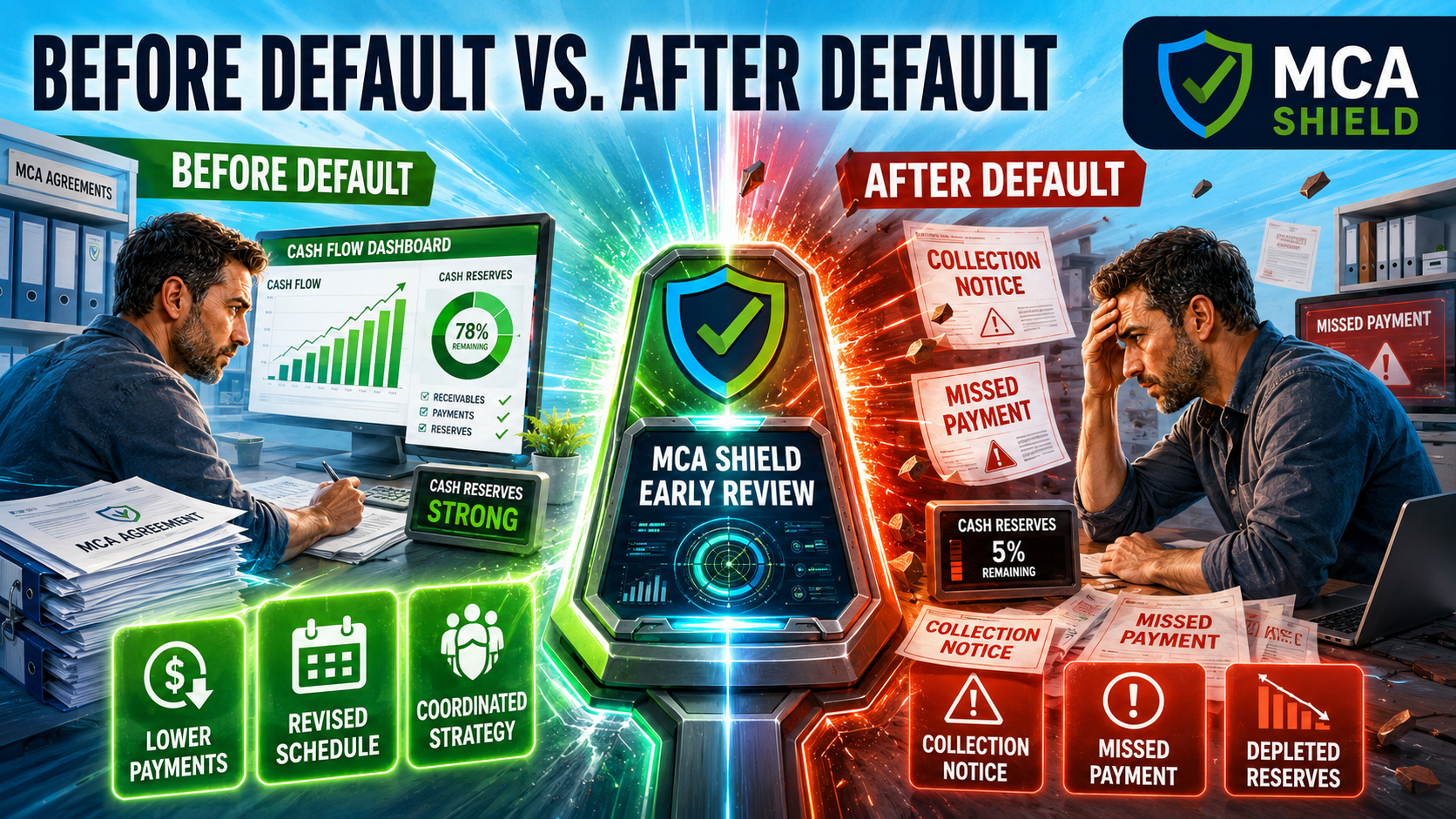 Before-and-after default comparison showing early MCA debt restructuring options versus collection notices, missed payments, and depleted cash reserves