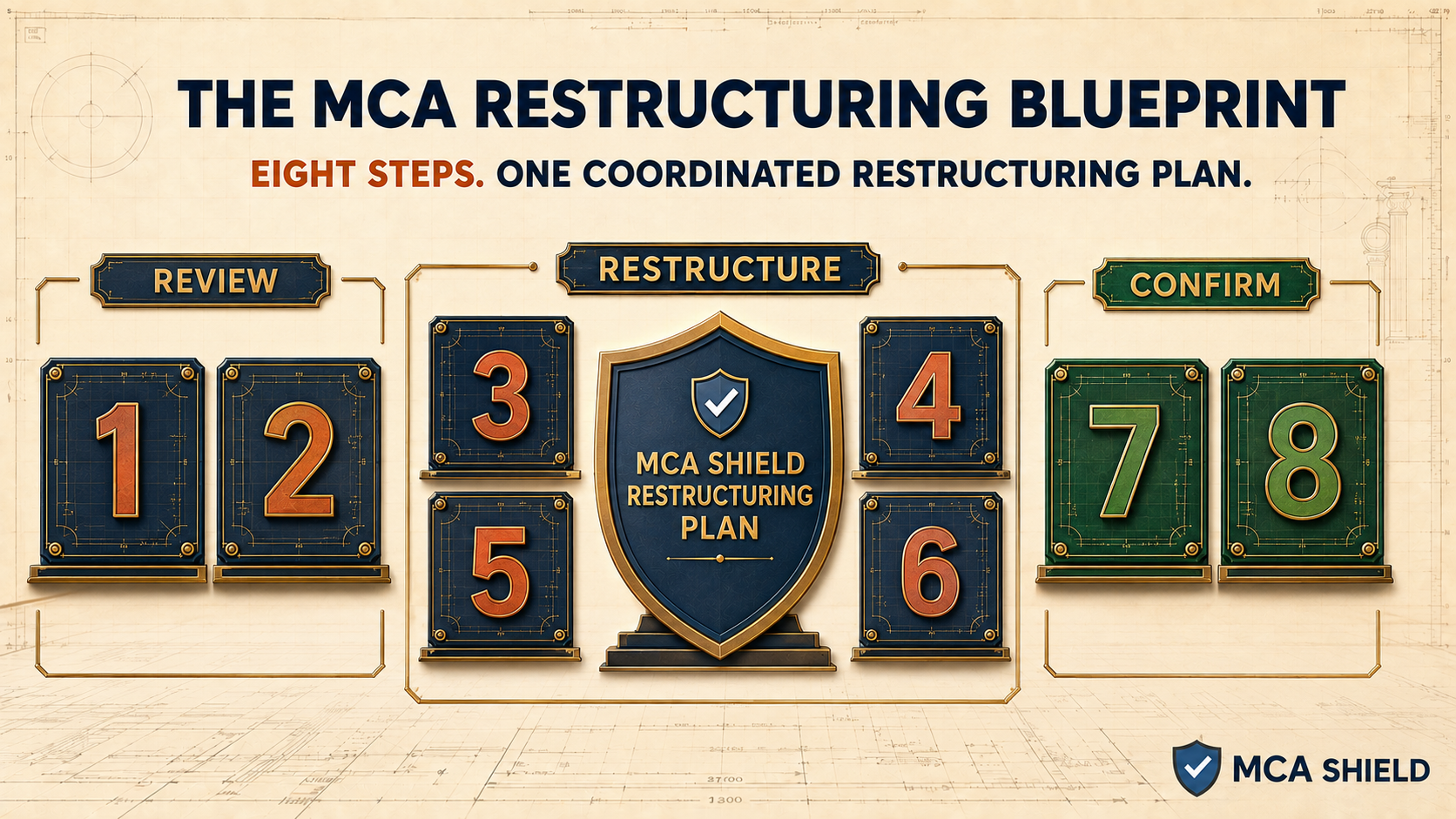 MCA debt restructuring blueprint showing eight steps grouped into review restructure and confirm stages