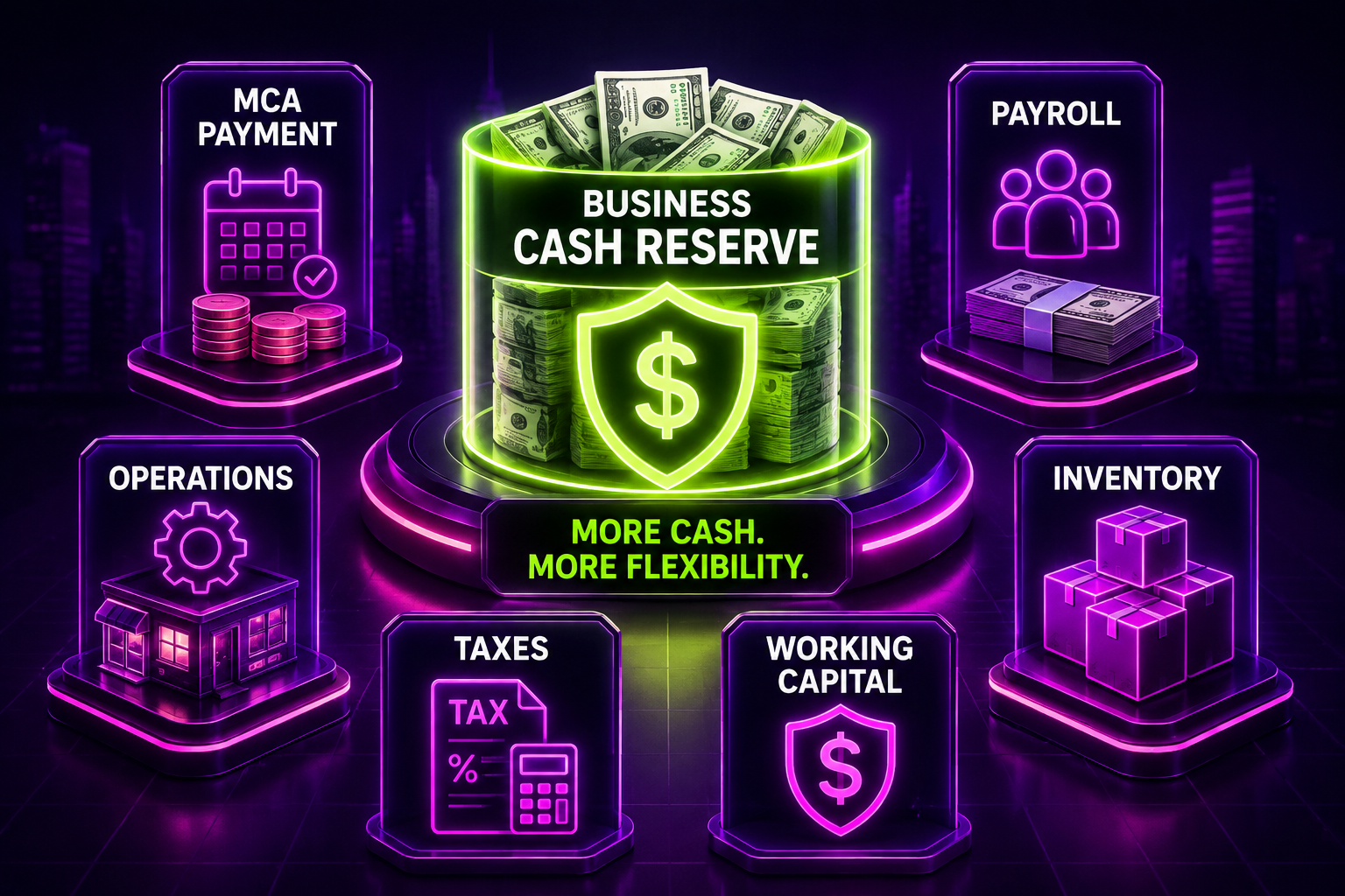 MCA debt restructuring graphic showing more business cash available for payroll operations inventory taxes and working capital