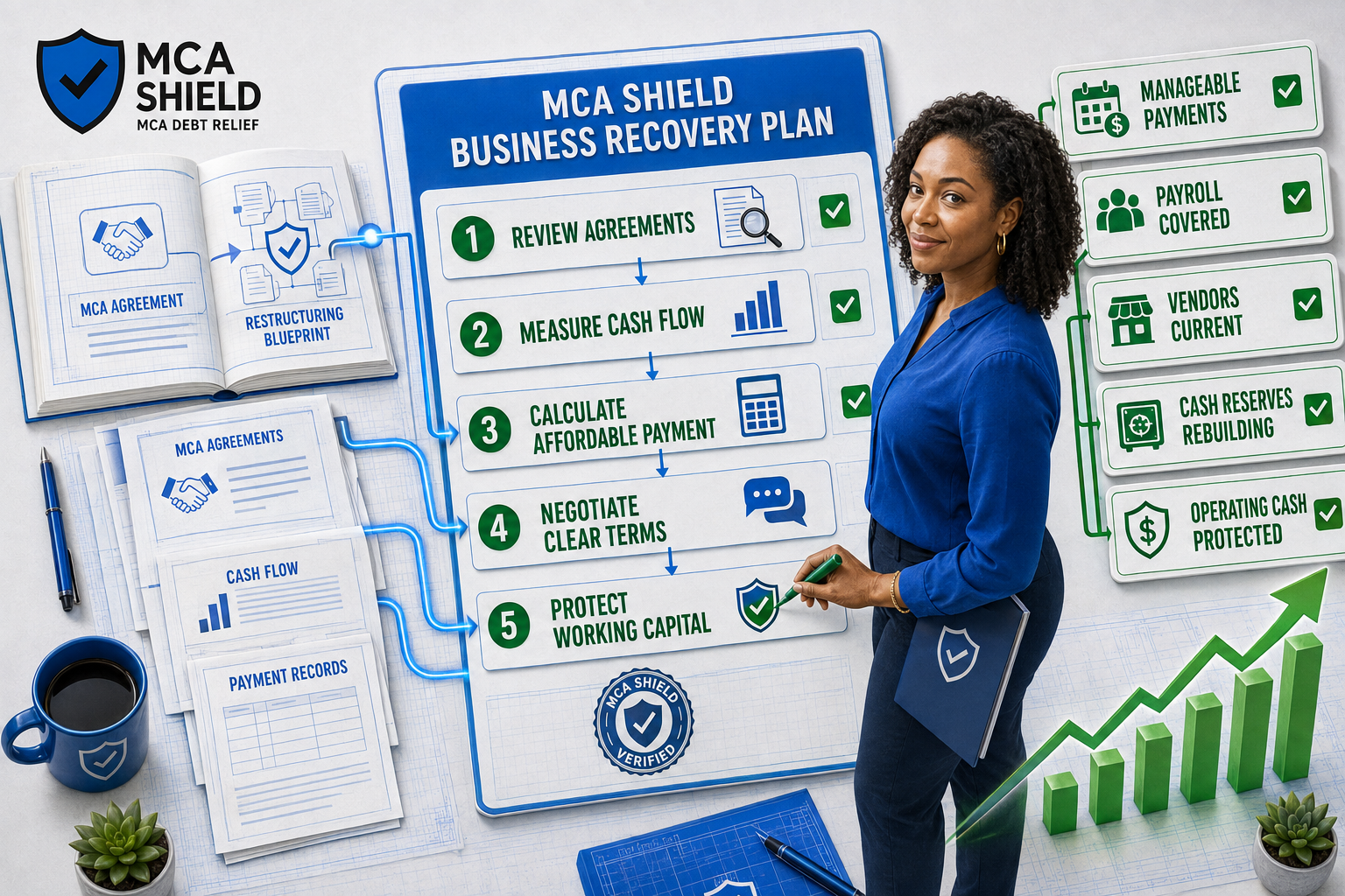 MCA debt restructuring business recovery plan showing five action steps, manageable payments, protected operations, and rebuilding cash reserves