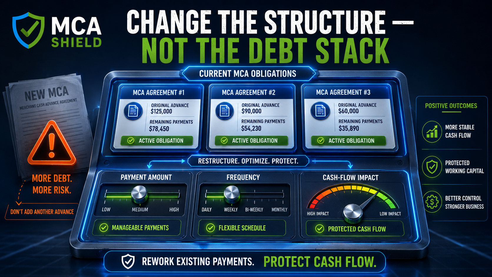 MCA debt restructuring graphic showing existing merchant cash advance payments adjusted for manageable payments flexible schedules and protected business cash flow