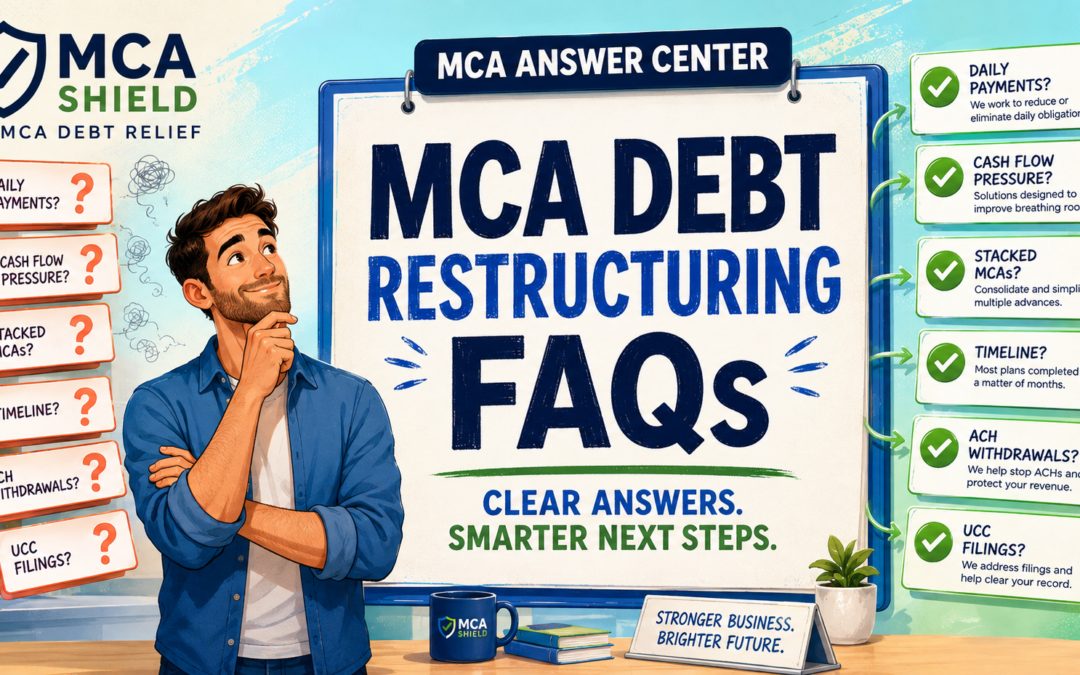 Business owner reviewing answers to frequently asked questions about MCA debt restructuring with MCA Shield
