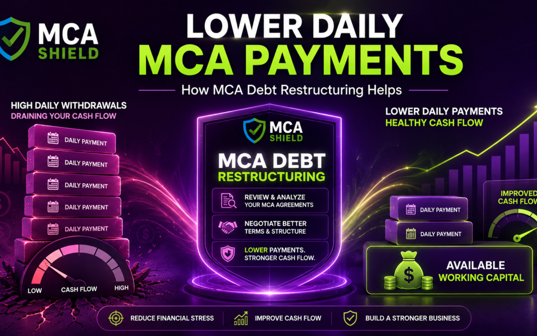 MCA debt restructuring graphic showing lower daily MCA payments improved cash flow and available working capital with MCA Shield logo