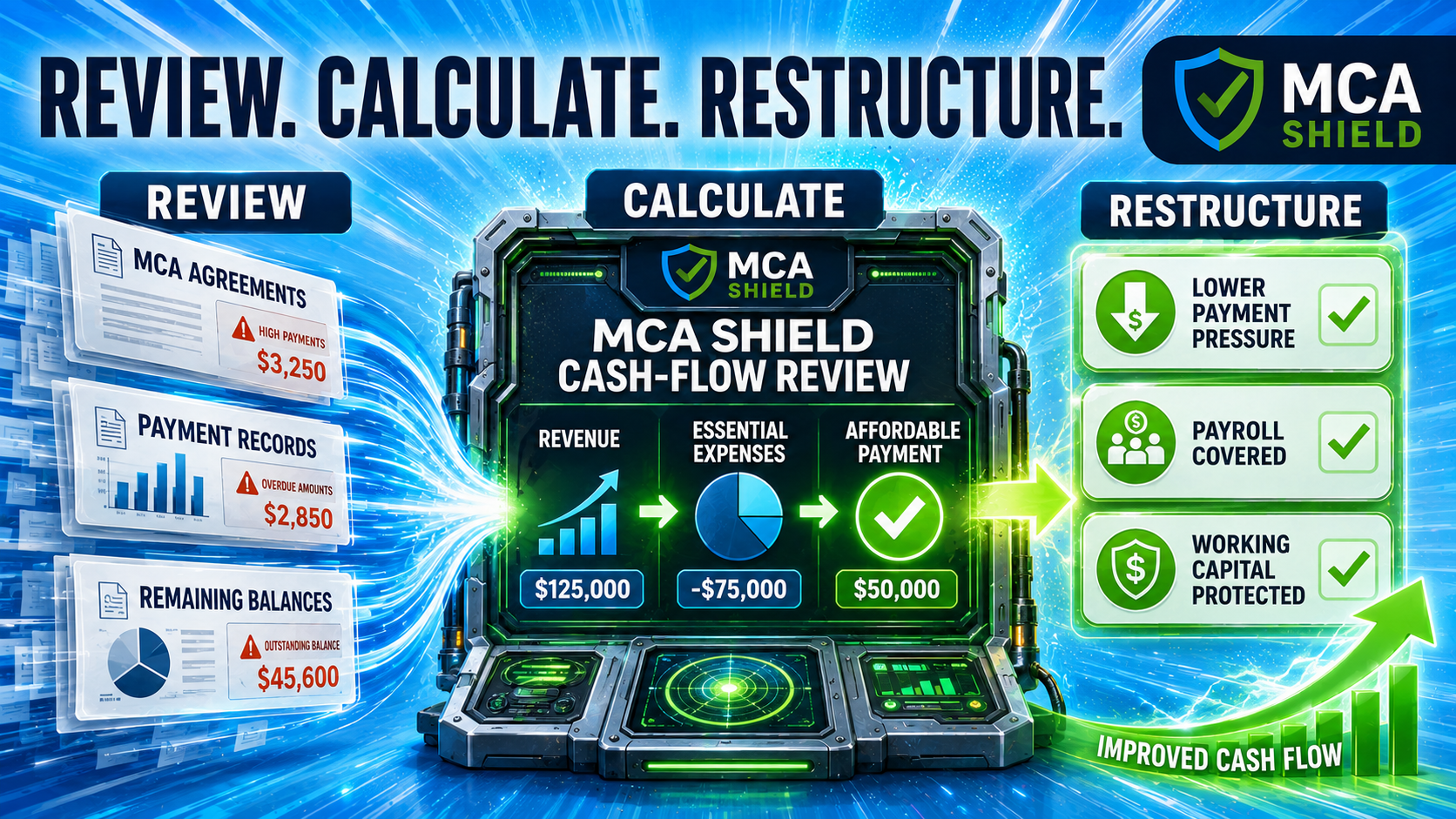 MCA Shield process reviewing agreements and cash flow to calculate an affordable MCA debt restructuring payment