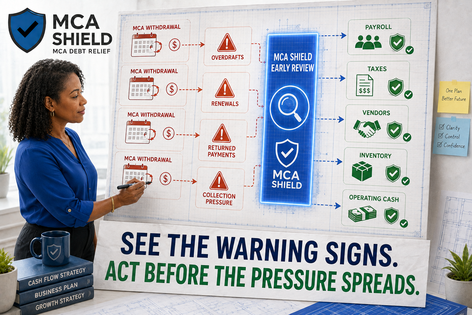 MCA debt restructuring warning signs showing withdrawals threatening payroll, taxes, vendors, inventory, and operating cash