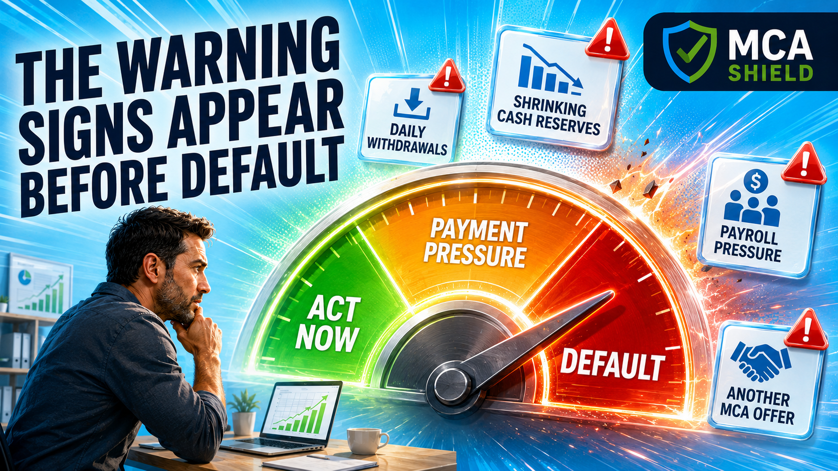 Business owner reviewing warning signs to restructure MCA debt before default, including daily withdrawals, shrinking cash reserves, and payroll pressure