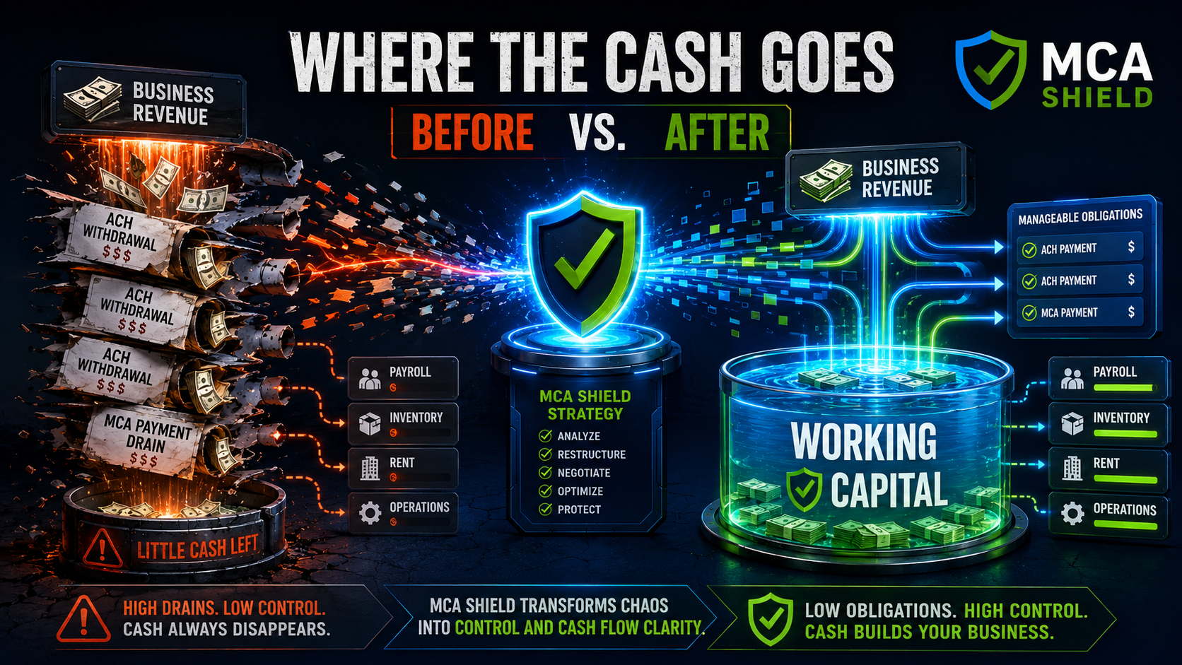 MCA debt stacking before and after graphic showing ACH withdrawals reduced and working capital improved through MCA Shield strategy