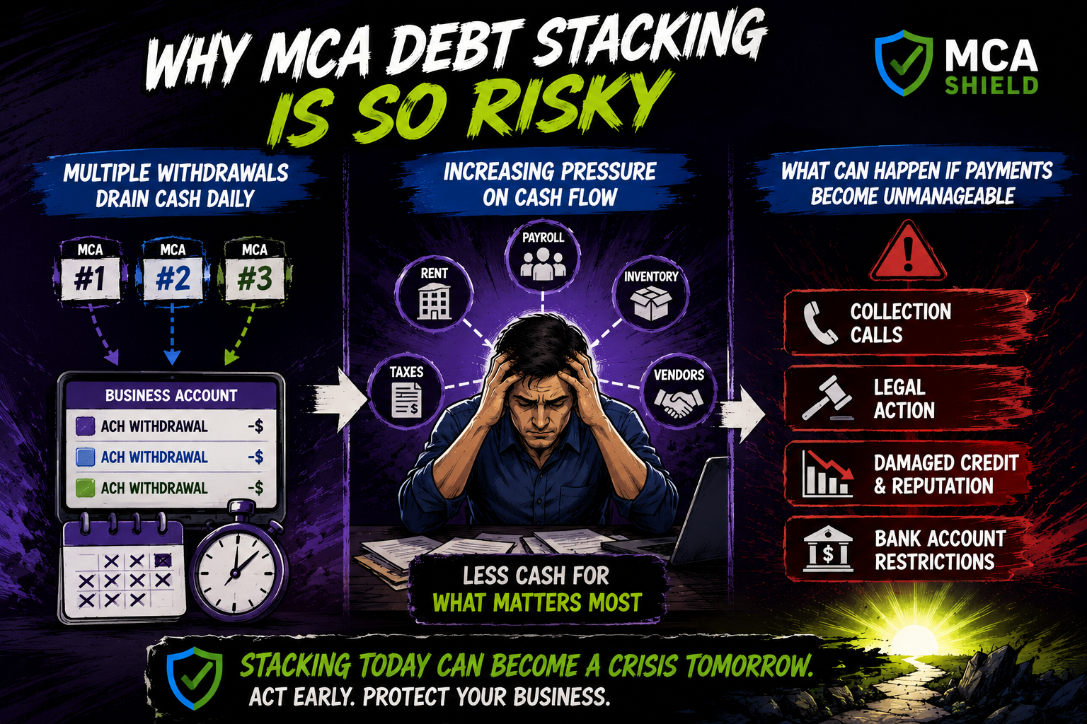 MCA debt stacking risks from multiple ACH withdrawals increasing cash flow pressure and making business payments unmanageable