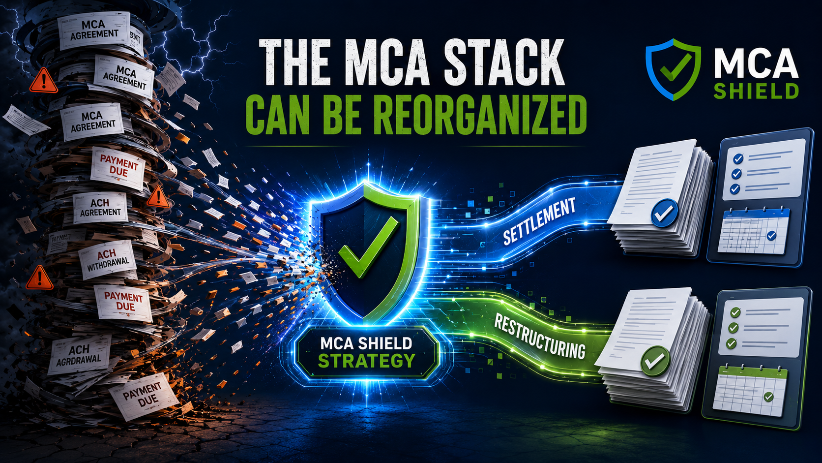 MCA debt stacking graphic showing chaotic MCA agreements reorganized through MCA Shield strategy into settlement and restructuring options