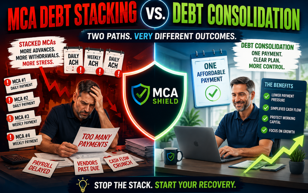 MCA debt stacking vs debt consolidation graphic comparing multiple daily payments and cash flow pressure with one manageable payment and improved working capital