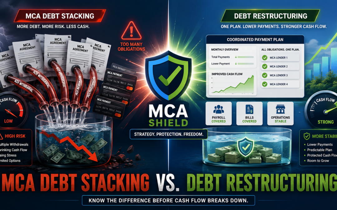 MCA debt stacking vs debt restructuring comparison showing multiple MCA withdrawals draining cash flow and a coordinated restructuring strategy improving payments and working capital