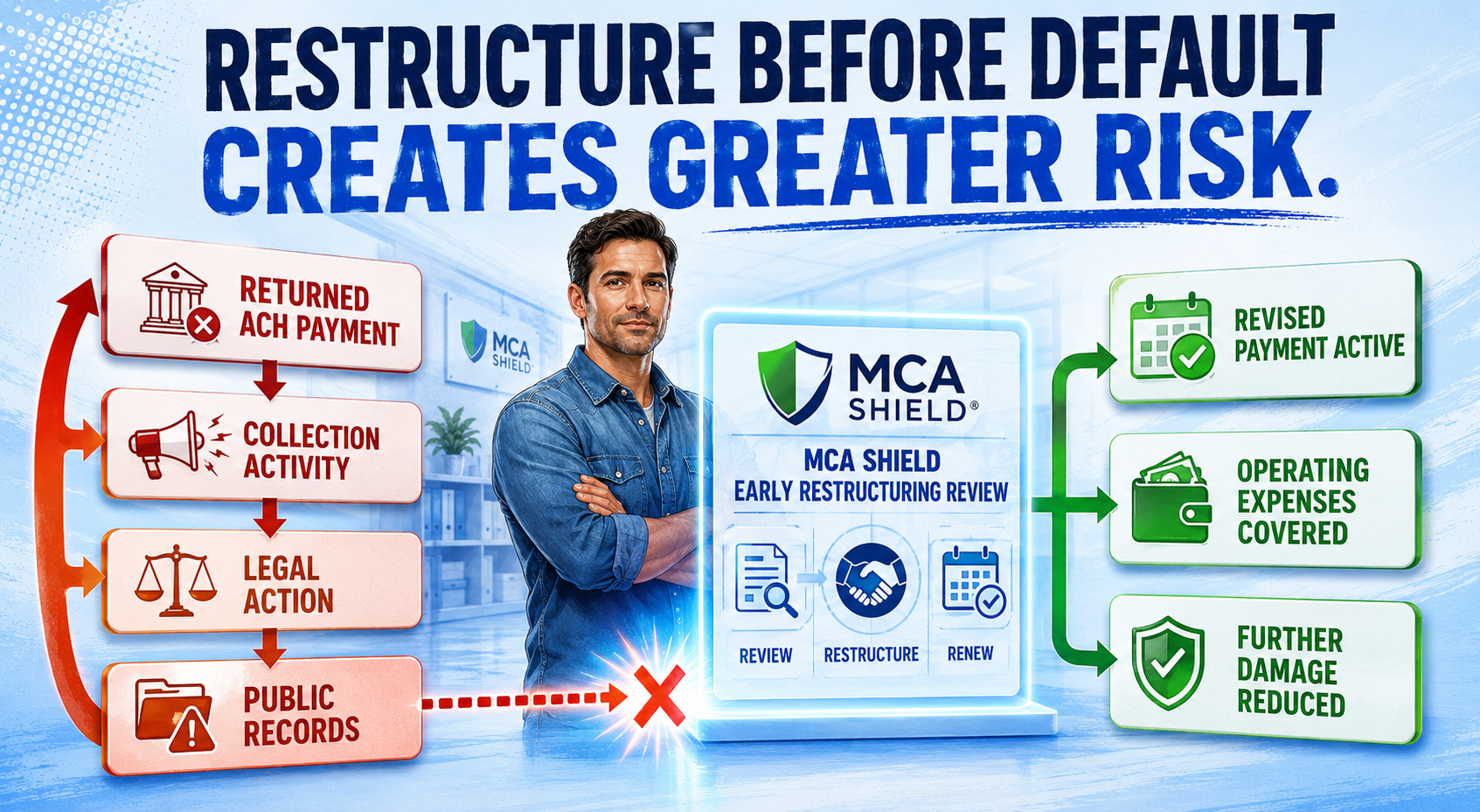MCA default triggering returned ACH payments, collections, legal action, and public records before an early restructuring review reduces further business credit damage