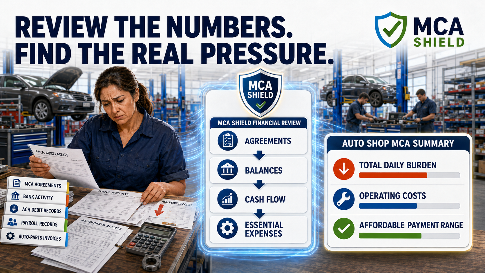 MCA Shield reviewing an auto shop’s MCA agreements, balances, cash flow, operating costs, and affordable payment range