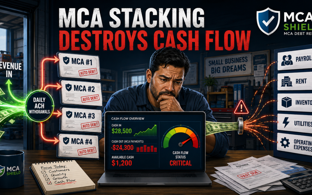 MCA loan stacking draining business cash flow through multiple daily ACH withdrawals and leaving less money for payroll and expenses