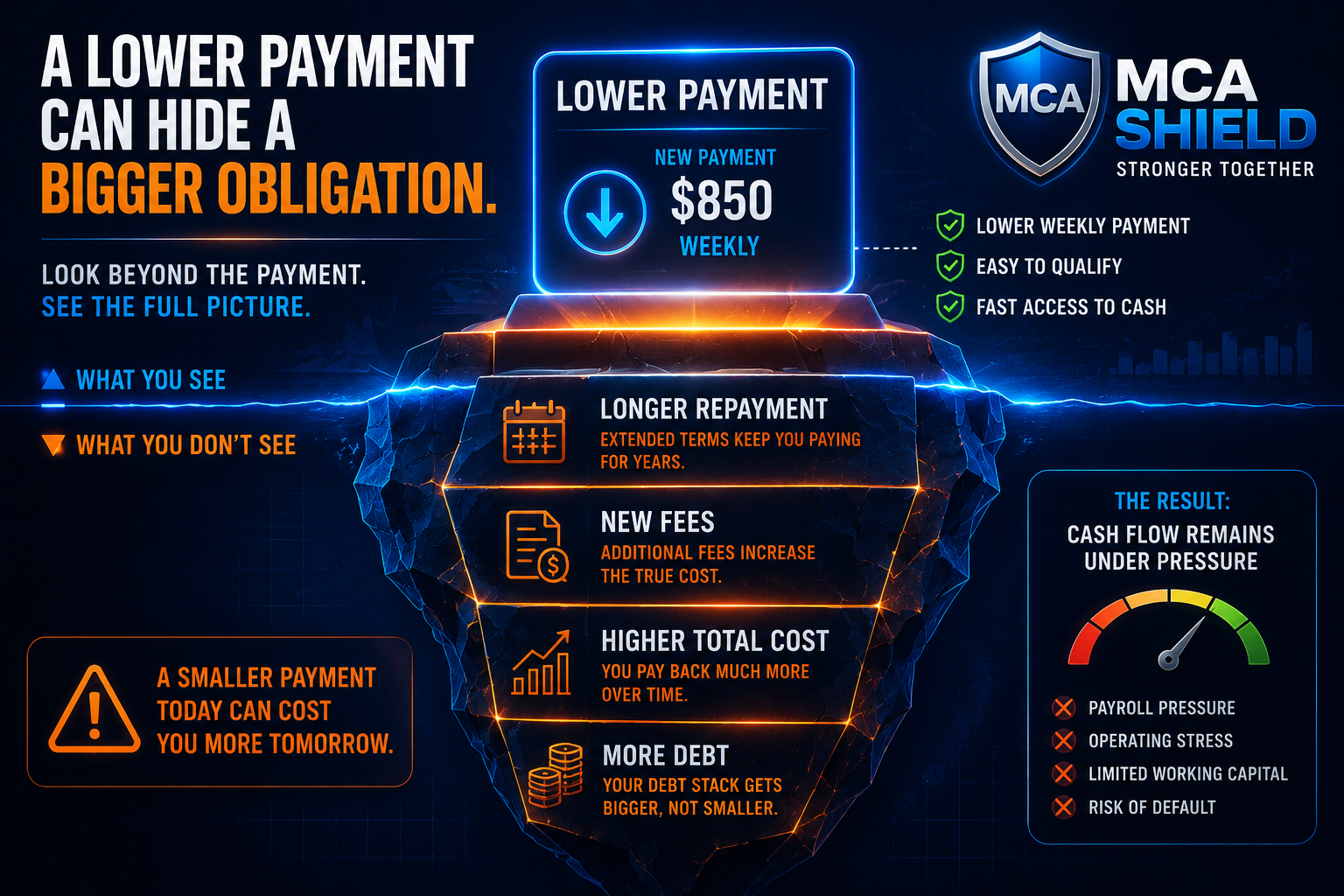 MCA lower payment illusion showing longer repayment new fees higher total cost more debt and continued business cash flow pressure