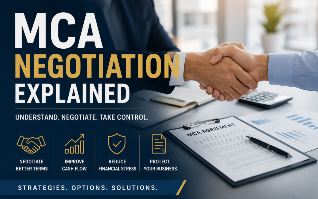 MCA negotiation explained with business owners negotiating merchant cash advance terms to improve cash flow