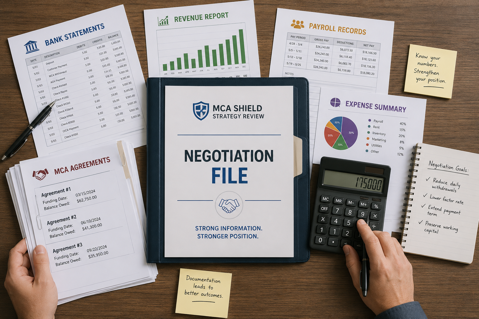MCA negotiation strategy using bank statements revenue records payroll expenses and MCA agreements