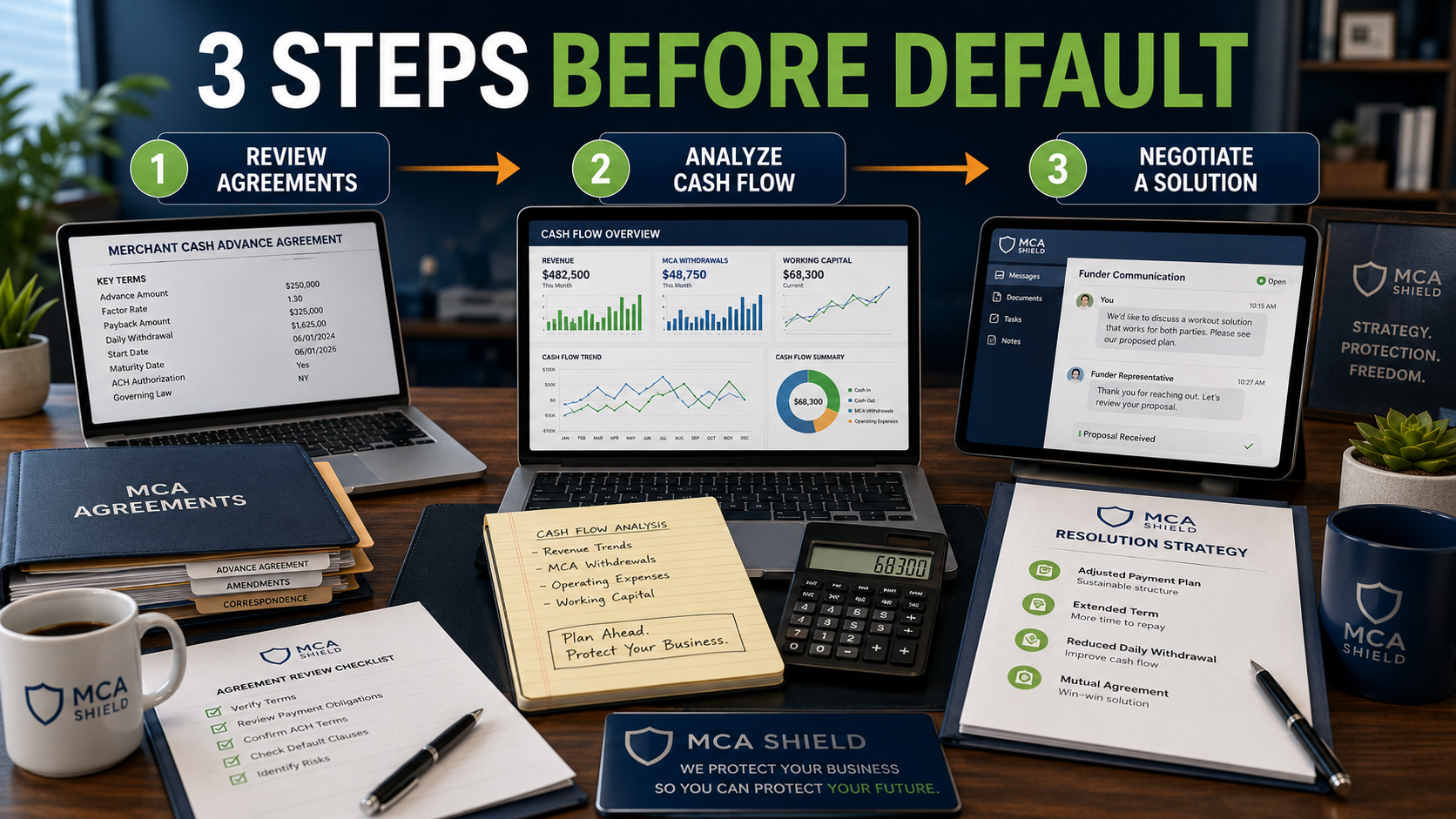 Three-step MCA negotiation process before default reviewing agreements analyzing cash flow and negotiating a solution