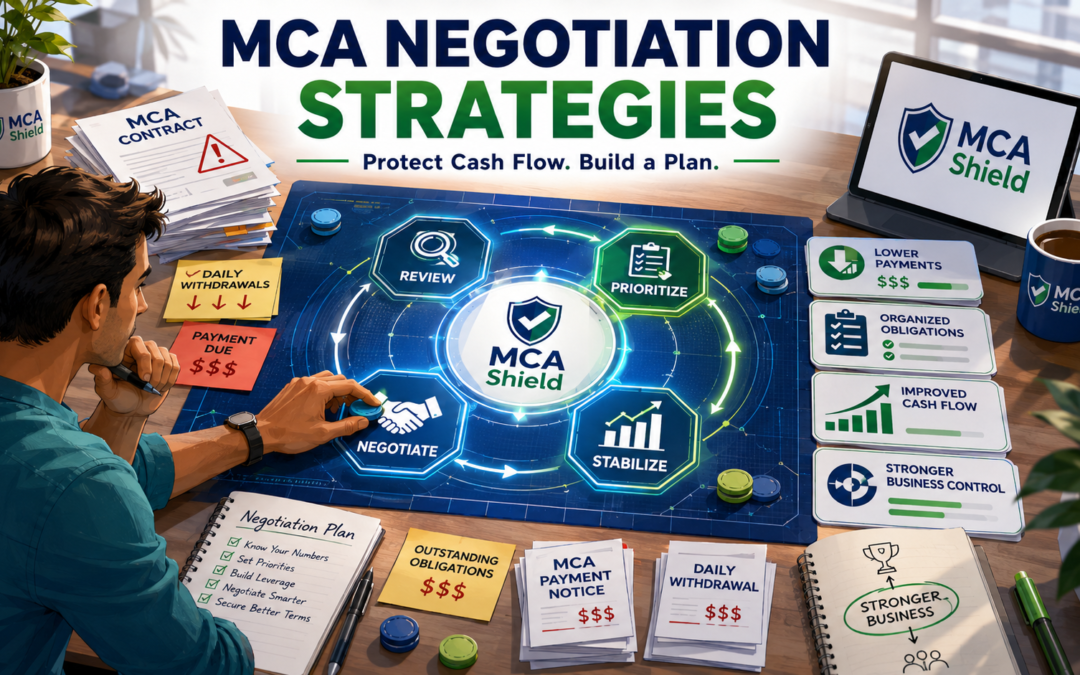 MCA negotiation strategies planning board showing contracts payments cash flow and MCA Shield negotiation solutions