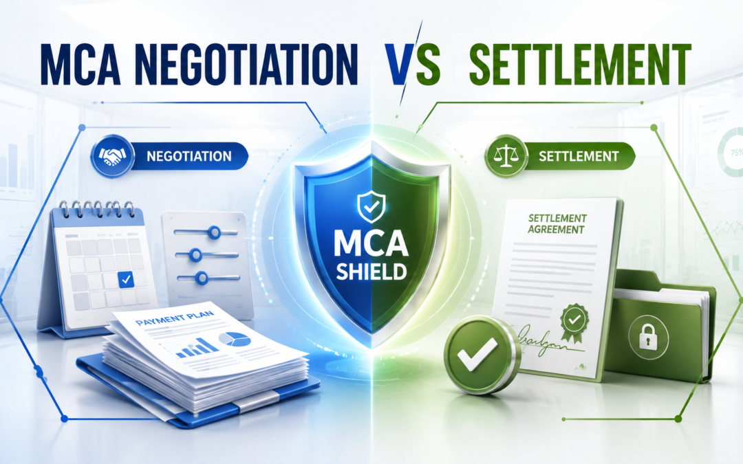 MCA negotiation vs settlement comparison showing payment restructuring and settlement agreement options