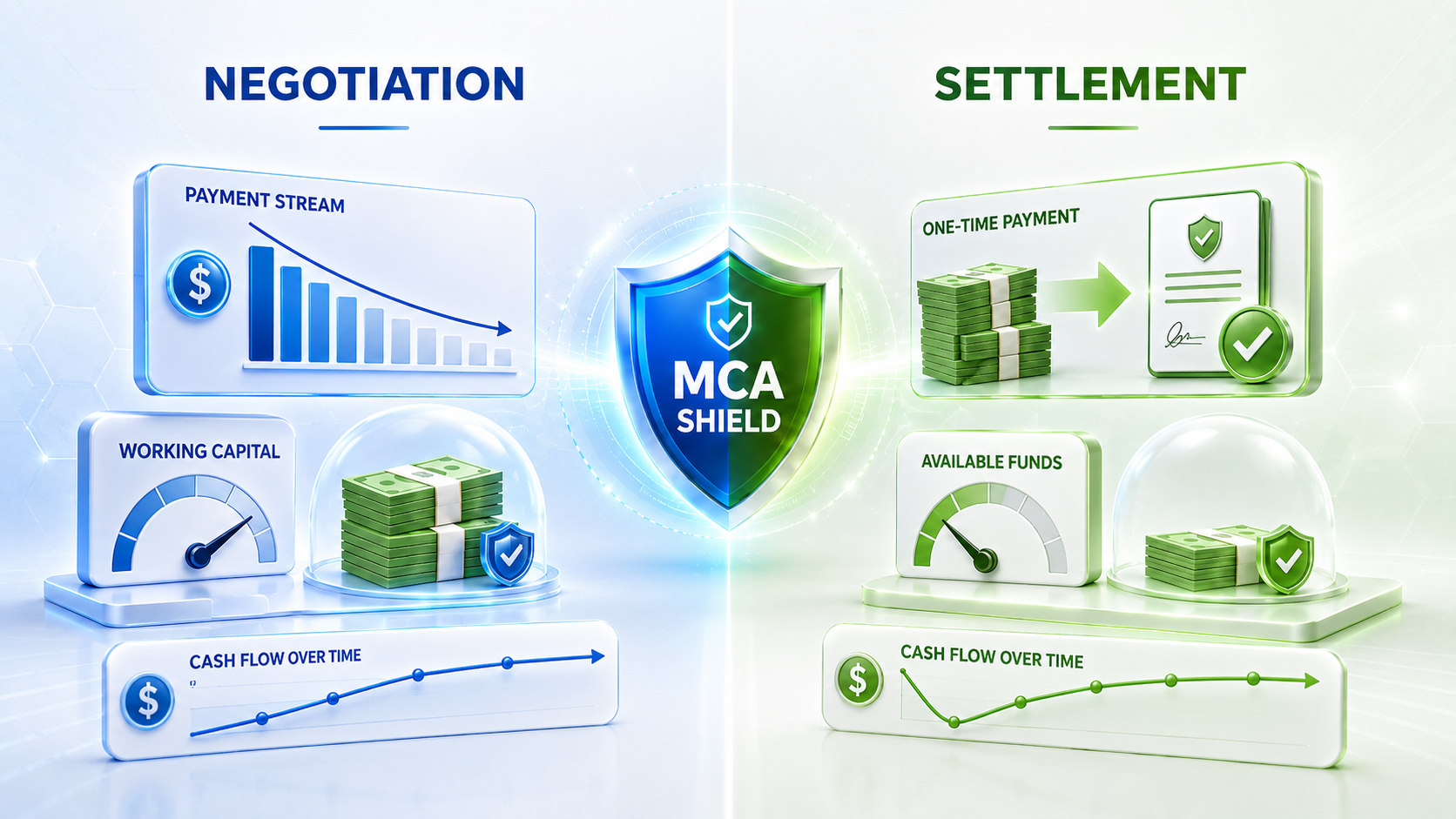 MCA negotiation vs settlement comparison showing different cash flow effects on working capital and available funds