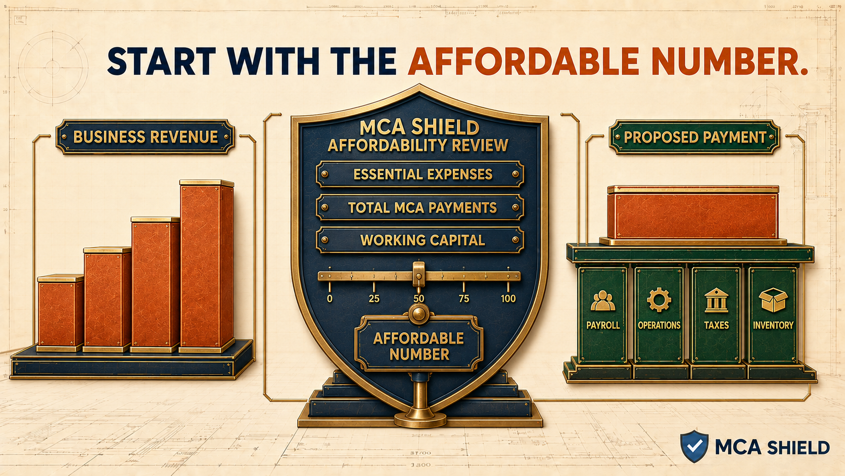 Created a bold, unique featured image using an architectural restructuring concept, with burnt orange, deep navy, emerald green, and warm ivory instead of the usual light-blue palette.

Edit

Updated. Only the bottom-right shield icon was replaced with the correct blue shield and white checkmark logo. Everything else remains unchanged.

Edit

Created graphic #1 with all eight steps grouped into Review, Restructure, and Confirm, using the featured image’s blueprint style, colors, materials, and corrected MCA Shield logo.

Edit

mca-debt-restructuring-blueprint-eight-step-plan.png

seo alt text

MCA debt restructuring blueprint showing eight steps grouped into review restructure and confirm stages

create #2

Immediately before H2: ✓ Step 3: Build a Realistic MCA Restructuring Proposal
“BUILD THE PAYMENT AROUND WHAT THE BUSINESS CAN AFFORD” — LEFT: business revenue entering a financial drafting table. CENTER: a calibrated MCA Shield Affordability Review measuring essential expenses, total MCA payments, and working capital. RIGHT: a proposed payment structure that fits without disturbing Payroll, Operations, Taxes, and Inventory. Headline: “START WITH THE AFFORDABLE NUMBER.”

Created graphic #2 with the affordability review, proposed payment structure, protected operating expenses, and full visual consistency with graphic #1.

Edit
image file name

mca-restructuring-affordable-payment-proposal.png

seo alt text

MCA restructuring affordability review measuring revenue expenses payments and working capital to create a sustainable payment proposal