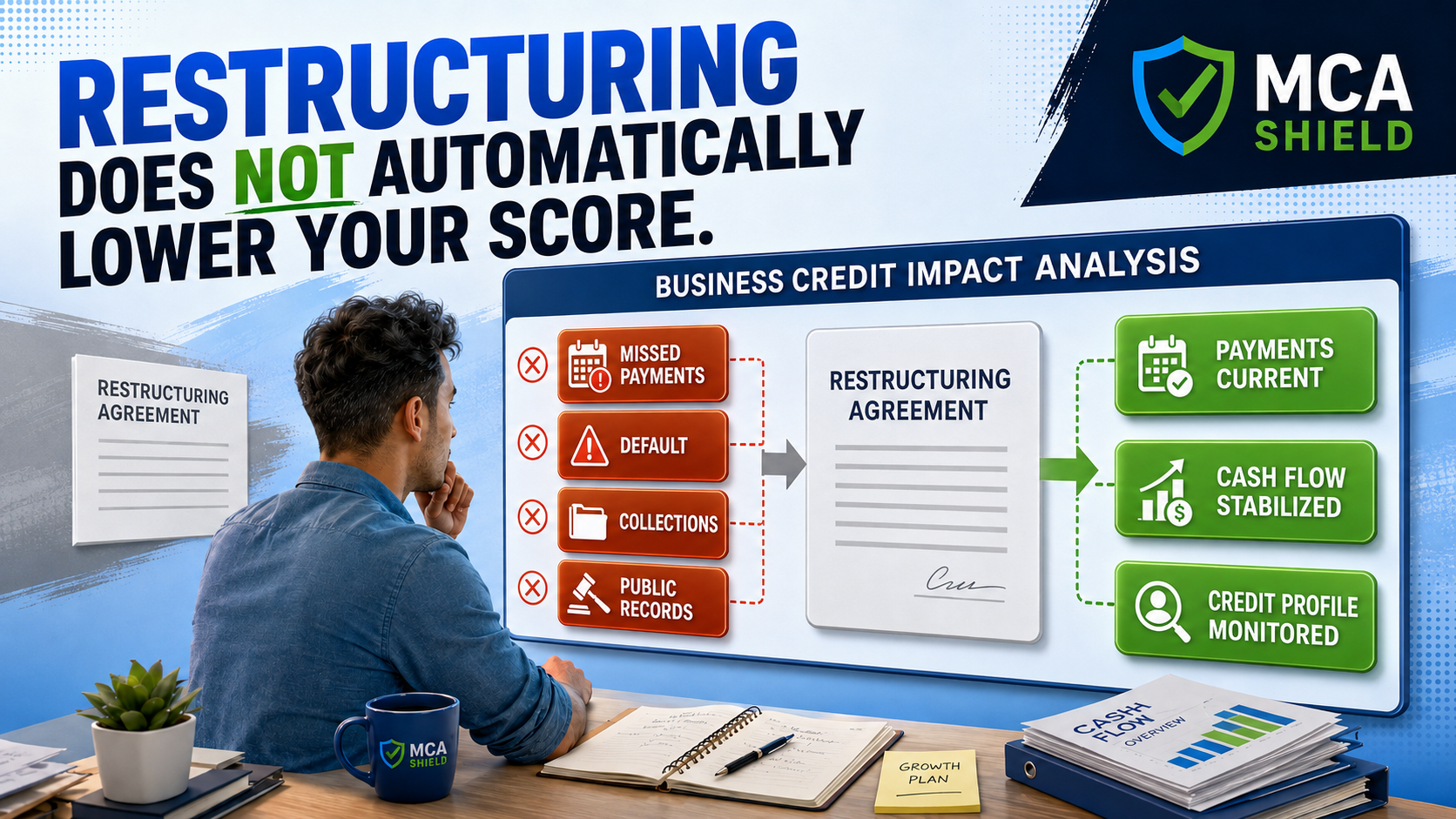 Business owner reviewing how MCA restructuring, payment history, missed payments, defaults, collections, and public records may affect a business credit score