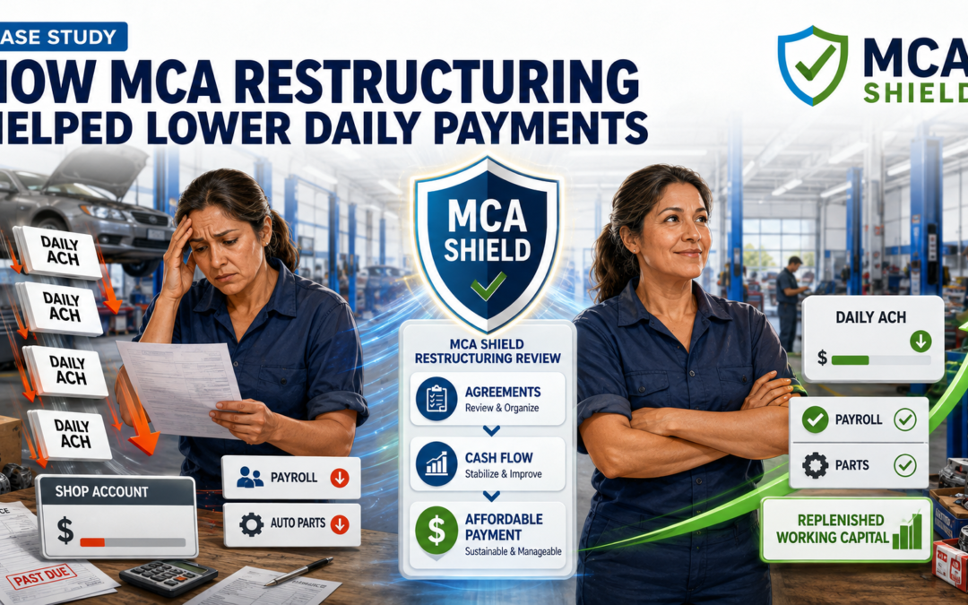 MCA restructuring case study showing an auto repair shop lowering daily payments and improving cash flow with MCA Shield