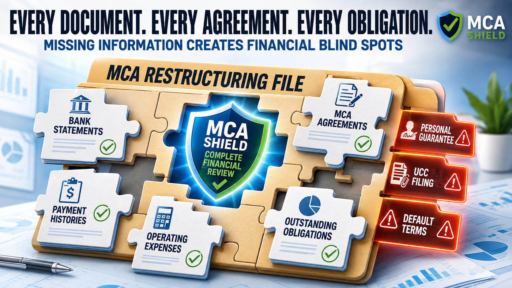 MCA restructuring document review showing bank statements, agreements, payment histories, expenses, outstanding obligations, and overlooked contract terms