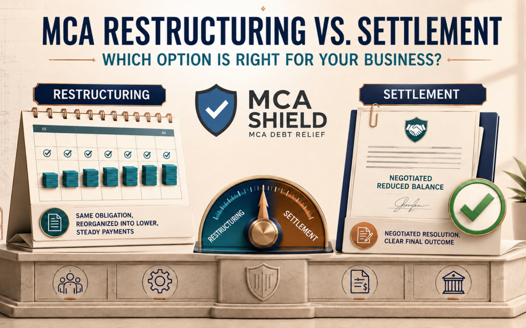 MCA restructuring vs. settlement comparison showing manageable payments, negotiated balance resolution, and protected business cash flow