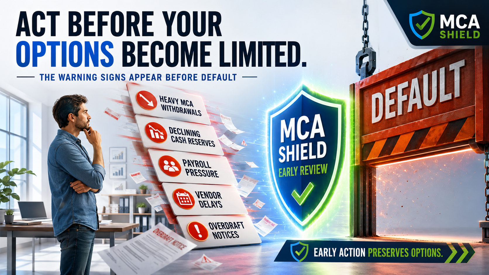 Business owner reviewing MCA restructuring warning signs before default with an MCA Shield early review protecting available options