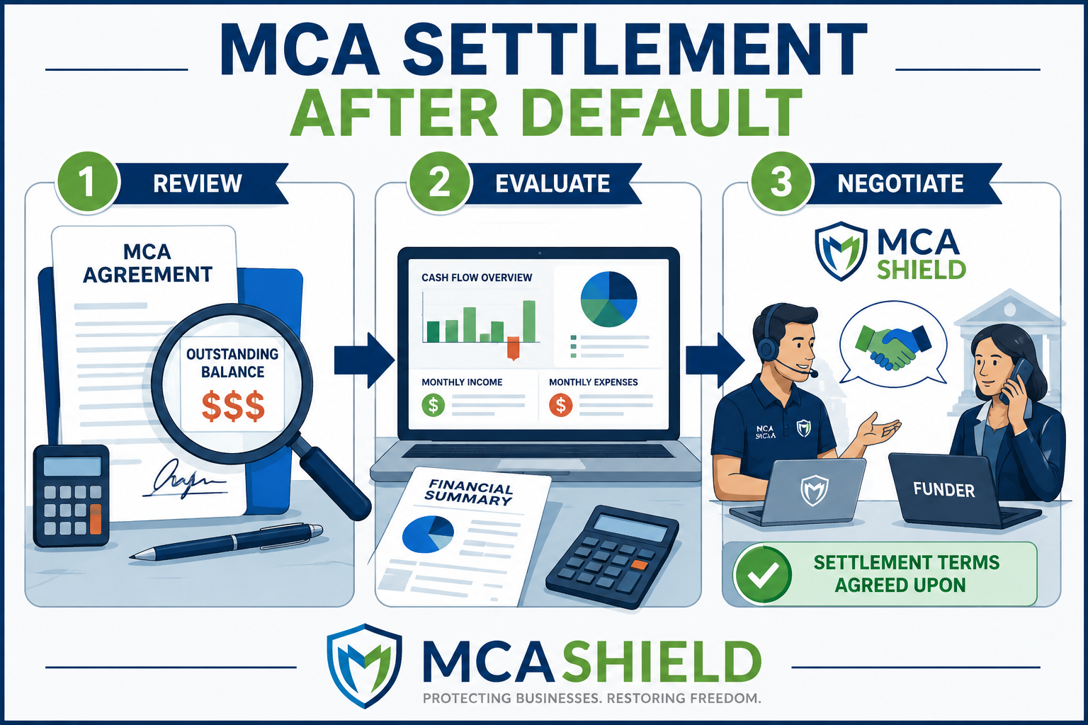 MCA settlement after default process to review agreements evaluate finances and negotiate with funders