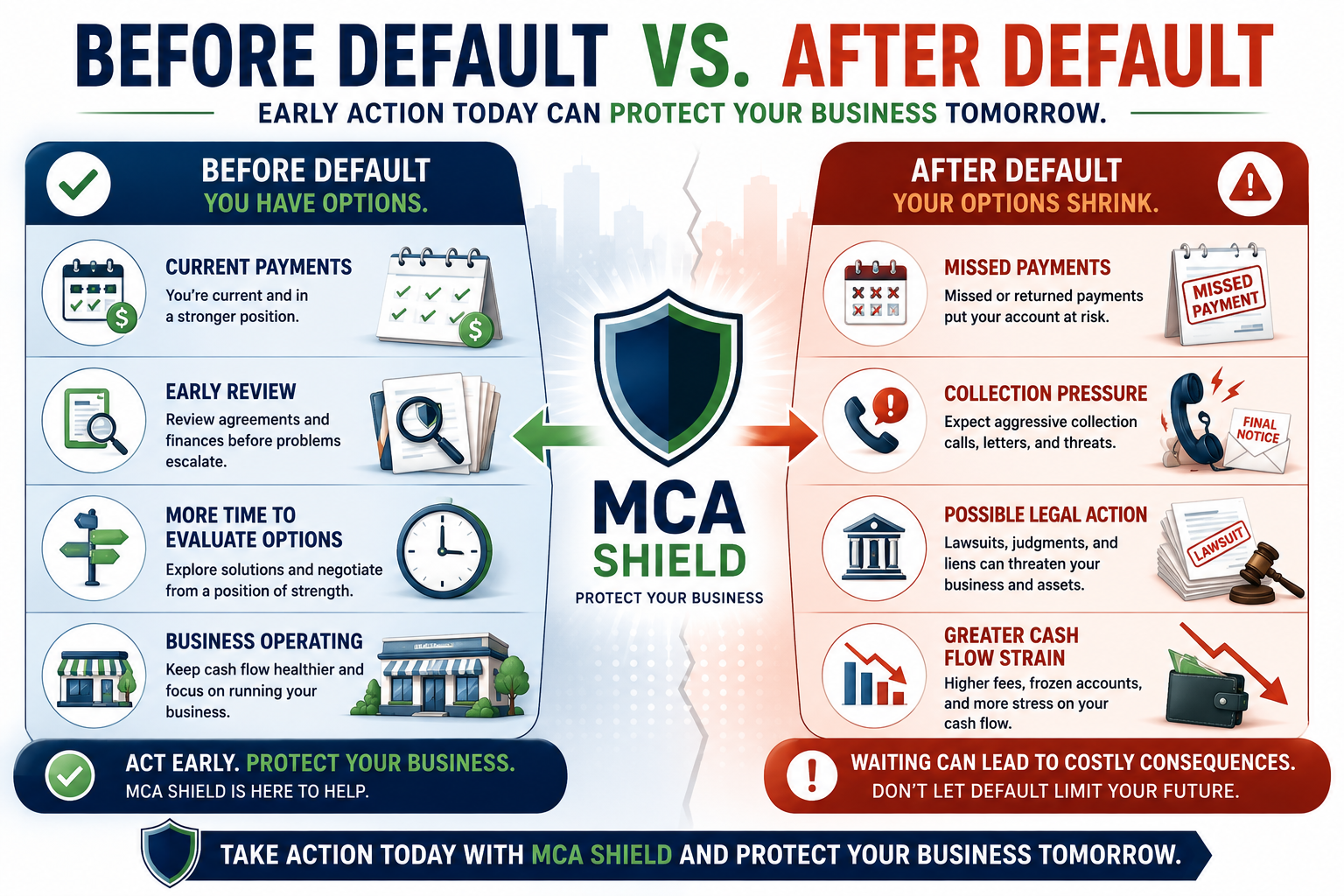 MCA settlement before default vs after default comparing early settlement options with financial and collection risks after default