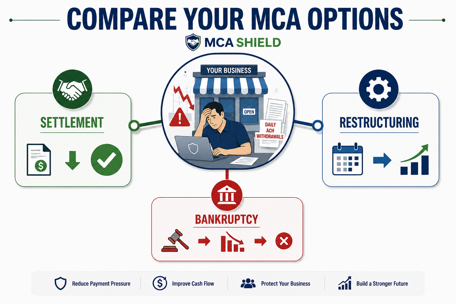 MCA settlement vs restructuring and bankruptcy options for businesses with merchant cash advance debt