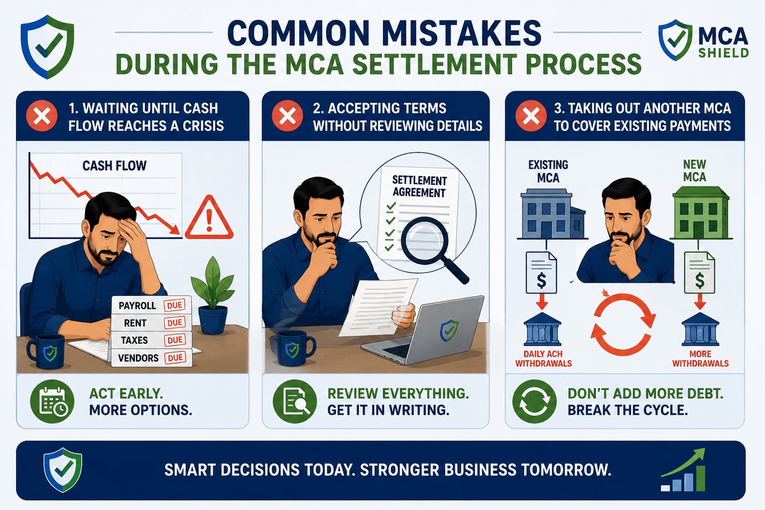 Common mistakes during the MCA settlement process including waiting too long, accepting terms without review, and taking out another MCA