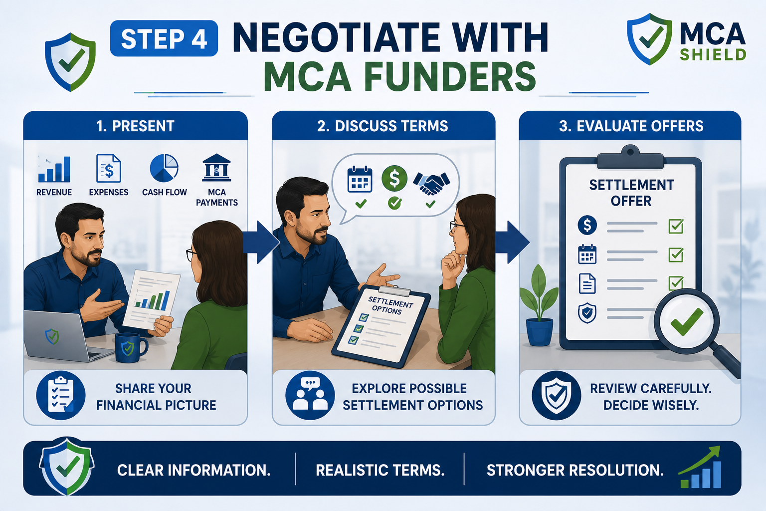 MCA settlement process negotiation showing financial review, settlement discussions, and careful evaluation of MCA settlement offers