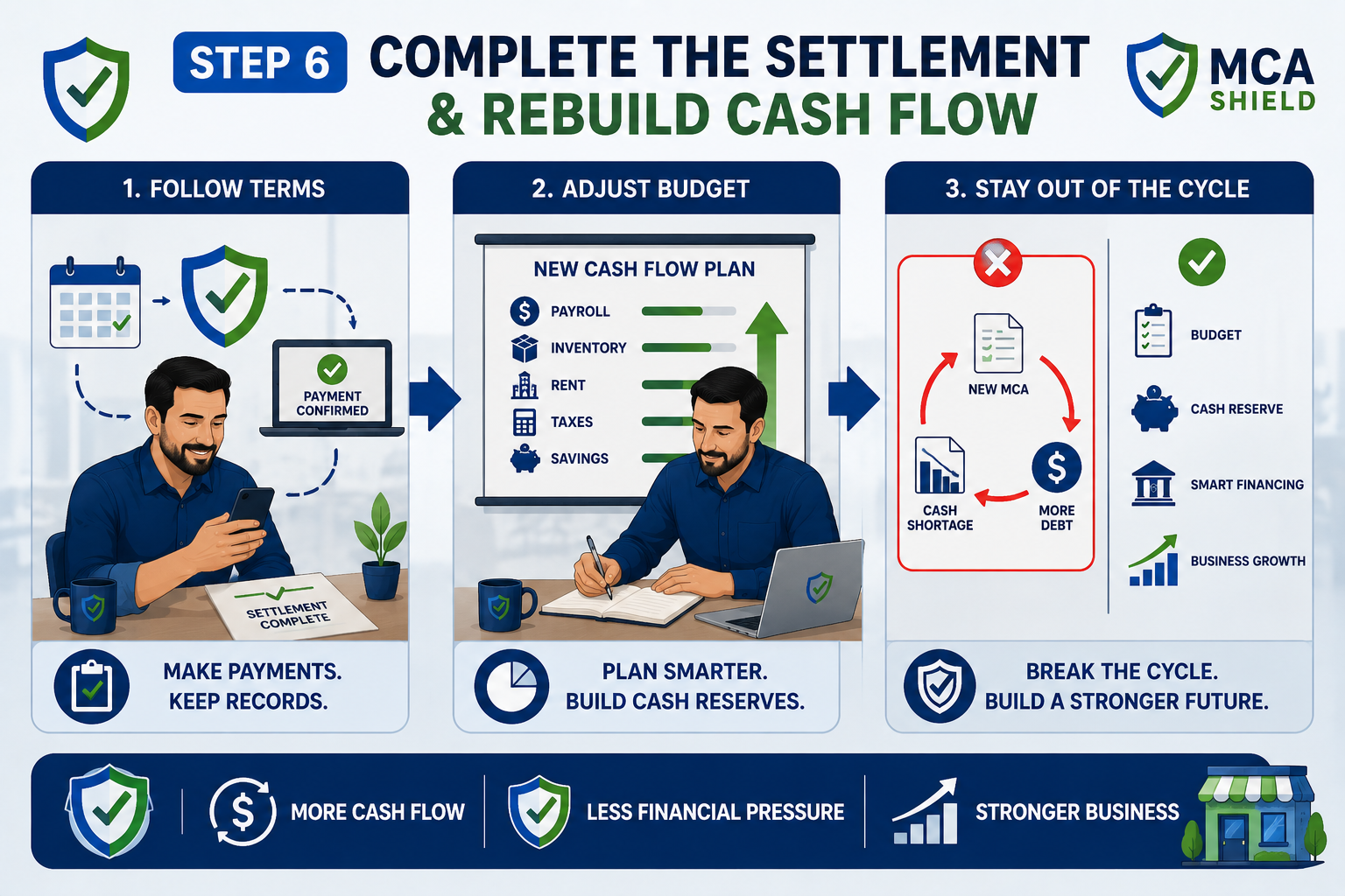 MCA settlement process showing completed settlement, improved cash flow, smarter budgeting, cash reserves, and breaking the MCA debt cycle