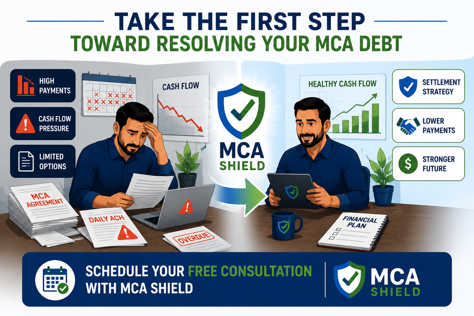 MCA settlement process showing a business owner moving from MCA debt pressure to healthier cash flow with MCA Shield